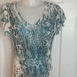 REBA FLORAL PATTERN V-NECK CAP SLEEVE LONG MAXI RHINESTONE EMBELLISHED DRESS L